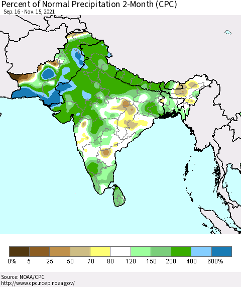 Southern Asia Percent of Normal Precipitation 2-Month (CPC) Thematic Map For 9/16/2021 - 11/15/2021