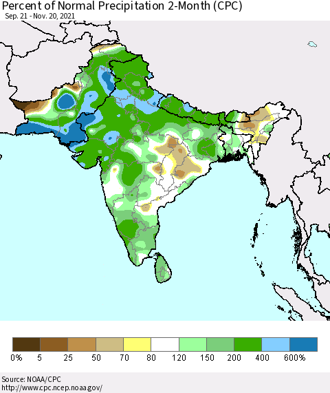 Southern Asia Percent of Normal Precipitation 2-Month (CPC) Thematic Map For 9/21/2021 - 11/20/2021