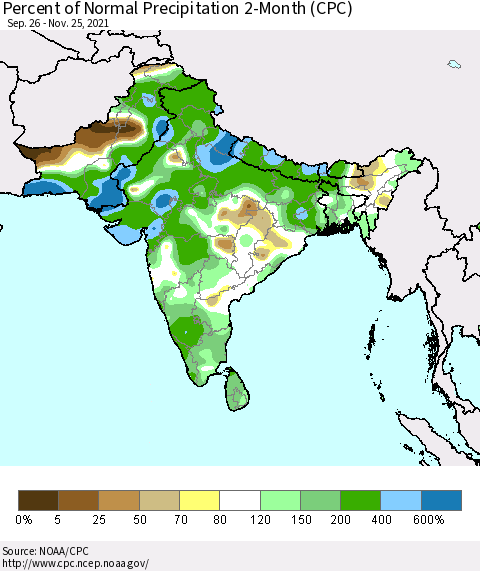 Southern Asia Percent of Normal Precipitation 2-Month (CPC) Thematic Map For 9/26/2021 - 11/25/2021