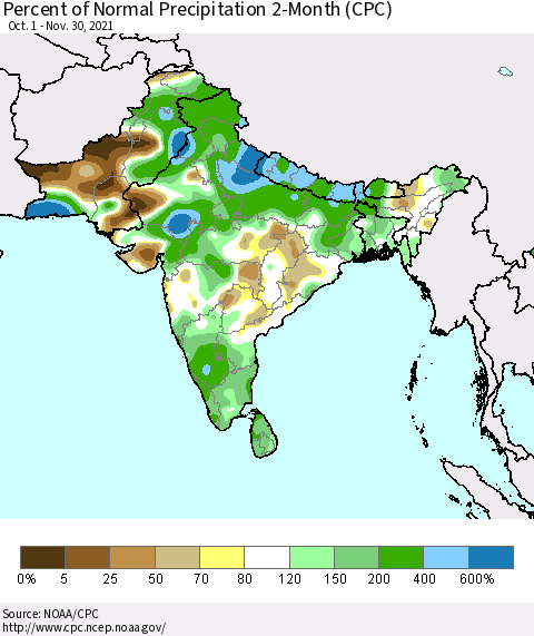 Southern Asia Percent of Normal Precipitation 2-Month (CPC) Thematic Map For 10/1/2021 - 11/30/2021