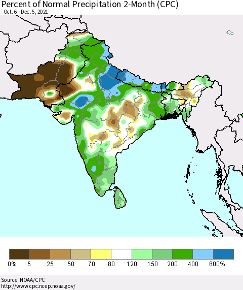 Southern Asia Percent of Normal Precipitation 2-Month (CPC) Thematic Map For 10/6/2021 - 12/5/2021