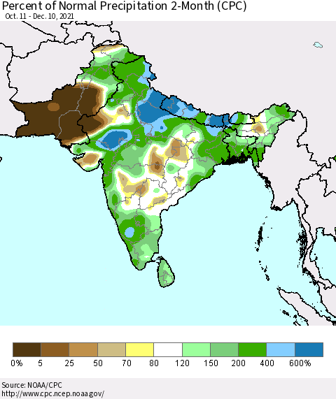Southern Asia Percent of Normal Precipitation 2-Month (CPC) Thematic Map For 10/11/2021 - 12/10/2021