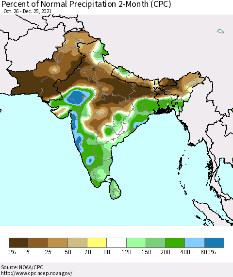 Southern Asia Percent of Normal Precipitation 2-Month (CPC) Thematic Map For 10/26/2021 - 12/25/2021