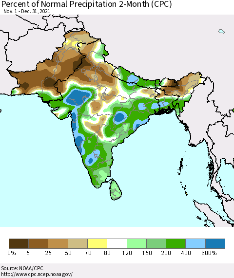 Southern Asia Percent of Normal Precipitation 2-Month (CPC) Thematic Map For 11/1/2021 - 12/31/2021