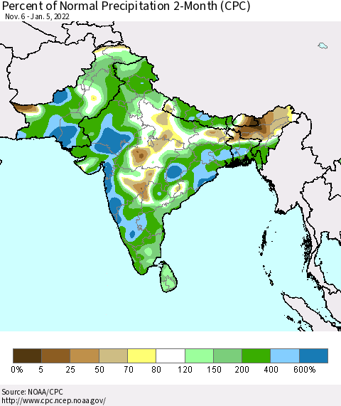 Southern Asia Percent of Normal Precipitation 2-Month (CPC) Thematic Map For 11/6/2021 - 1/5/2022