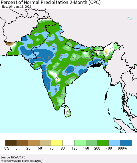 Southern Asia Percent of Normal Precipitation 2-Month (CPC) Thematic Map For 11/16/2021 - 1/15/2022