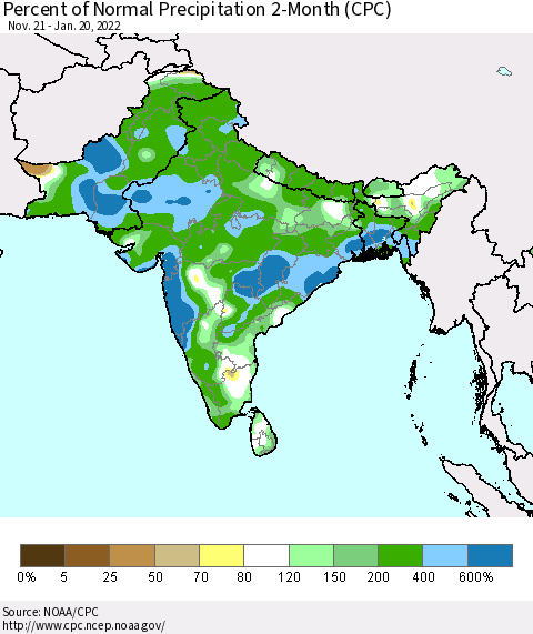 Southern Asia Percent of Normal Precipitation 2-Month (CPC) Thematic Map For 11/21/2021 - 1/20/2022