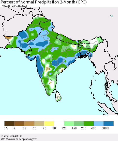 Southern Asia Percent of Normal Precipitation 2-Month (CPC) Thematic Map For 11/26/2021 - 1/25/2022