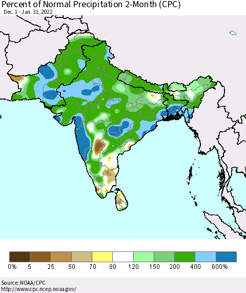 Southern Asia Percent of Normal Precipitation 2-Month (CPC) Thematic Map For 12/1/2021 - 1/31/2022