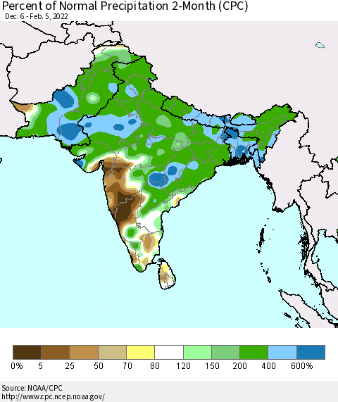 Southern Asia Percent of Normal Precipitation 2-Month (CPC) Thematic Map For 12/6/2021 - 2/5/2022