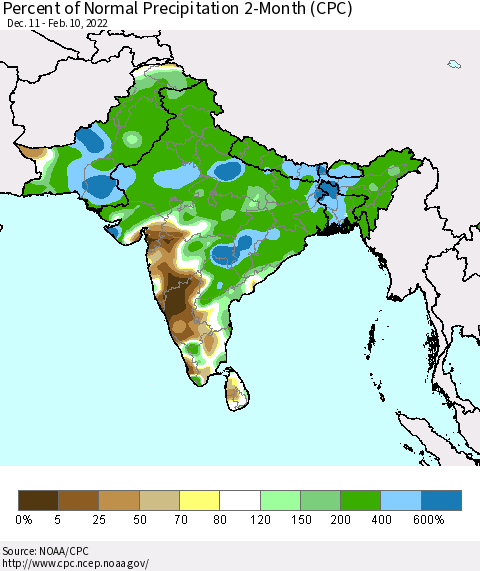 Southern Asia Percent of Normal Precipitation 2-Month (CPC) Thematic Map For 12/11/2021 - 2/10/2022