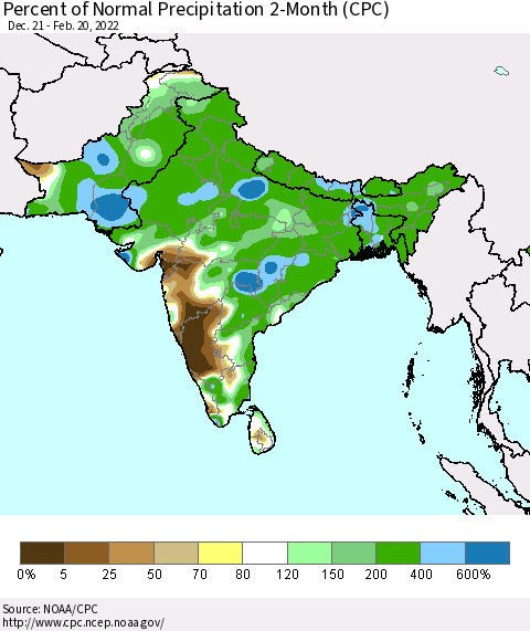 Southern Asia Percent of Normal Precipitation 2-Month (CPC) Thematic Map For 12/21/2021 - 2/20/2022