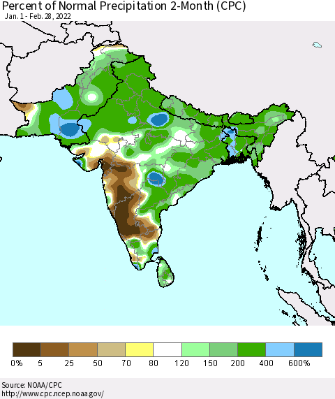 Southern Asia Percent of Normal Precipitation 2-Month (CPC) Thematic Map For 1/1/2022 - 2/28/2022