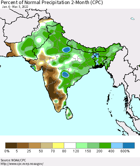 Southern Asia Percent of Normal Precipitation 2-Month (CPC) Thematic Map For 1/6/2022 - 3/5/2022