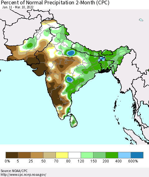 Southern Asia Percent of Normal Precipitation 2-Month (CPC) Thematic Map For 1/11/2022 - 3/10/2022