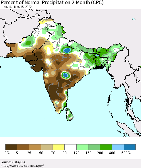 Southern Asia Percent of Normal Precipitation 2-Month (CPC) Thematic Map For 1/16/2022 - 3/15/2022