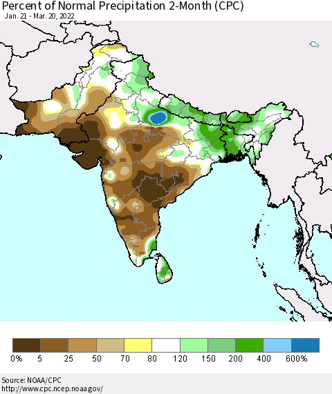 Southern Asia Percent of Normal Precipitation 2-Month (CPC) Thematic Map For 1/21/2022 - 3/20/2022