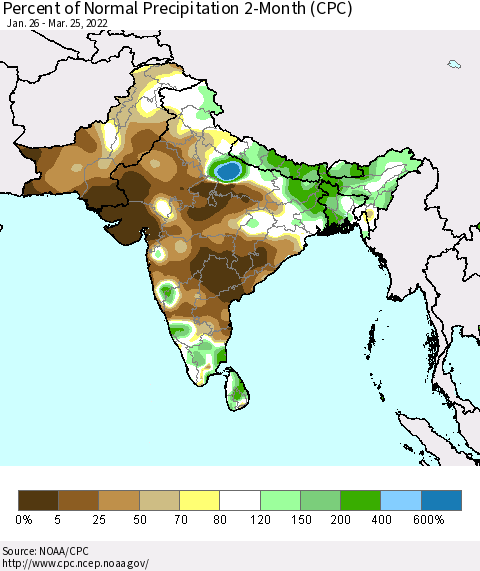 Southern Asia Percent of Normal Precipitation 2-Month (CPC) Thematic Map For 1/26/2022 - 3/25/2022