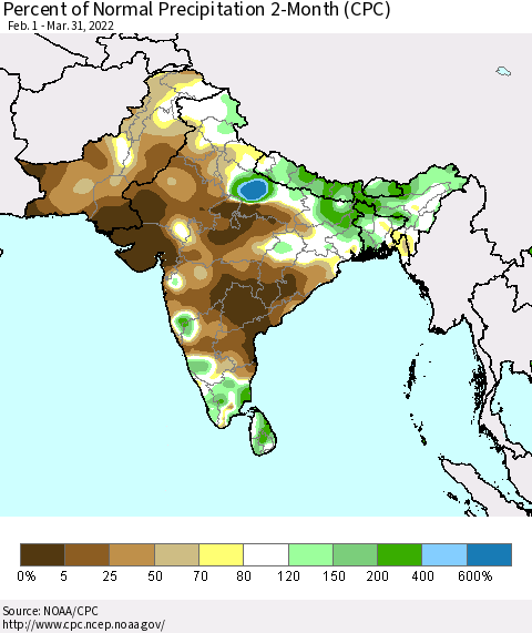 Southern Asia Percent of Normal Precipitation 2-Month (CPC) Thematic Map For 2/1/2022 - 3/31/2022
