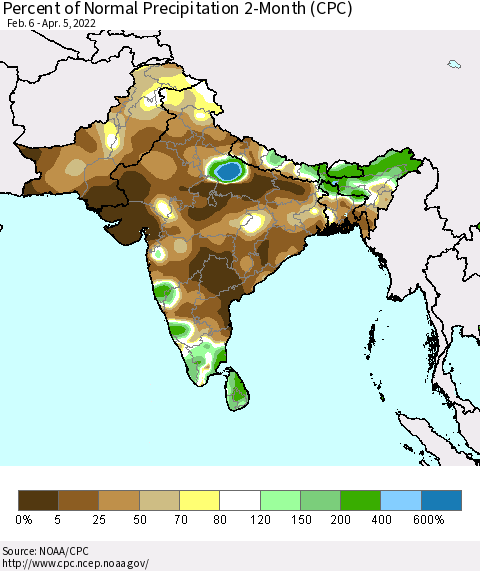 Southern Asia Percent of Normal Precipitation 2-Month (CPC) Thematic Map For 2/6/2022 - 4/5/2022