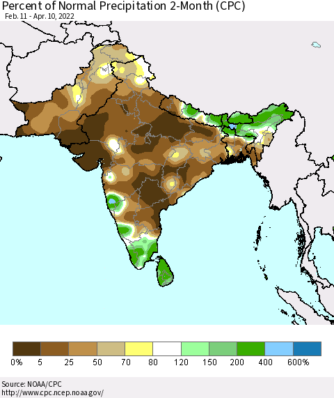 Southern Asia Percent of Normal Precipitation 2-Month (CPC) Thematic Map For 2/11/2022 - 4/10/2022