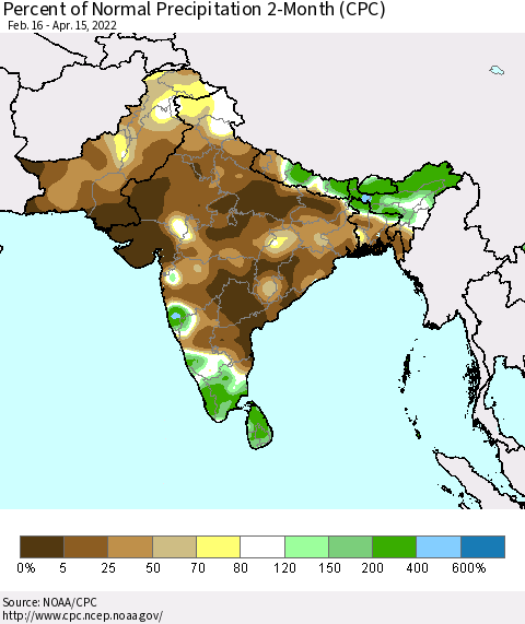 Southern Asia Percent of Normal Precipitation 2-Month (CPC) Thematic Map For 2/16/2022 - 4/15/2022