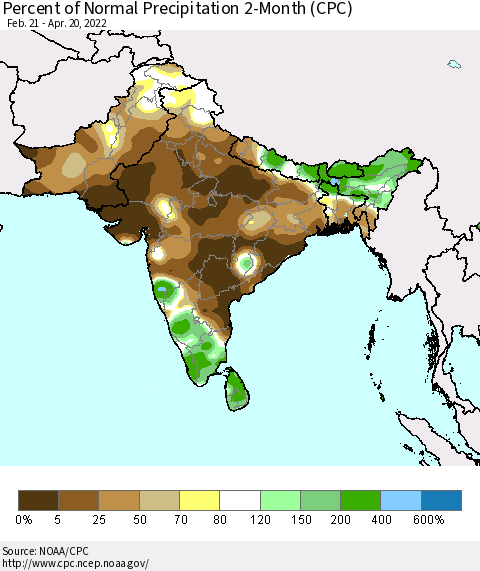 Southern Asia Percent of Normal Precipitation 2-Month (CPC) Thematic Map For 2/21/2022 - 4/20/2022