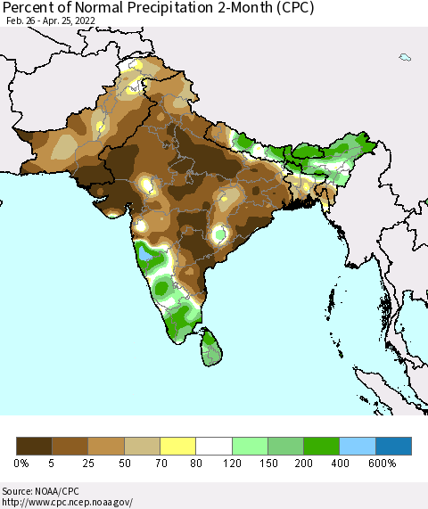 Southern Asia Percent of Normal Precipitation 2-Month (CPC) Thematic Map For 2/26/2022 - 4/25/2022