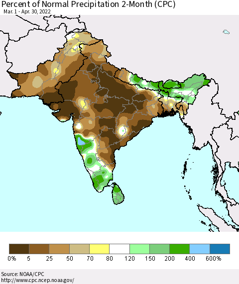 Southern Asia Percent of Normal Precipitation 2-Month (CPC) Thematic Map For 3/1/2022 - 4/30/2022
