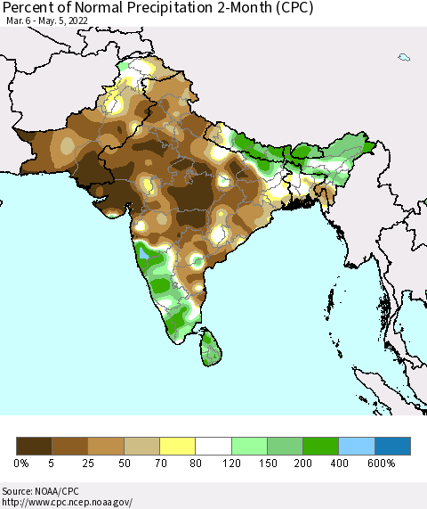 Southern Asia Percent of Normal Precipitation 2-Month (CPC) Thematic Map For 3/6/2022 - 5/5/2022