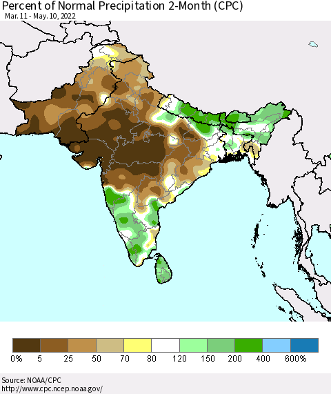 Southern Asia Percent of Normal Precipitation 2-Month (CPC) Thematic Map For 3/11/2022 - 5/10/2022