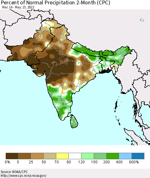 Southern Asia Percent of Normal Precipitation 2-Month (CPC) Thematic Map For 3/16/2022 - 5/15/2022