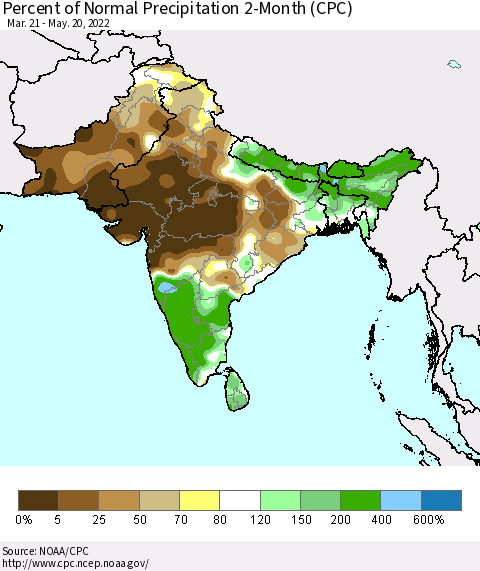 Southern Asia Percent of Normal Precipitation 2-Month (CPC) Thematic Map For 3/21/2022 - 5/20/2022