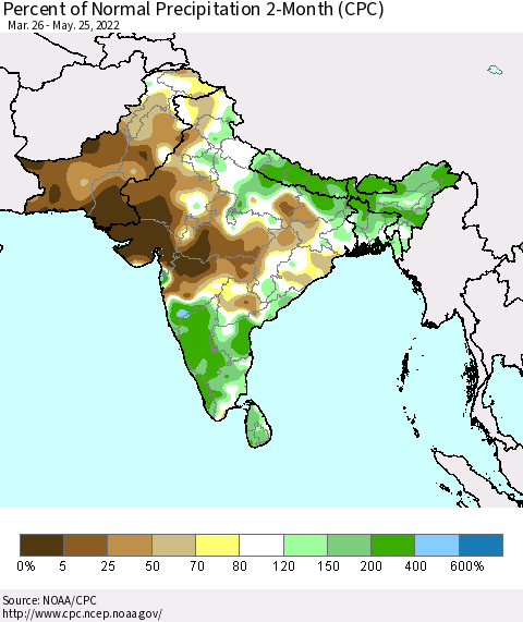Southern Asia Percent of Normal Precipitation 2-Month (CPC) Thematic Map For 3/26/2022 - 5/25/2022