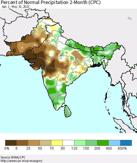 Southern Asia Percent of Normal Precipitation 2-Month (CPC) Thematic Map For 4/1/2022 - 5/31/2022