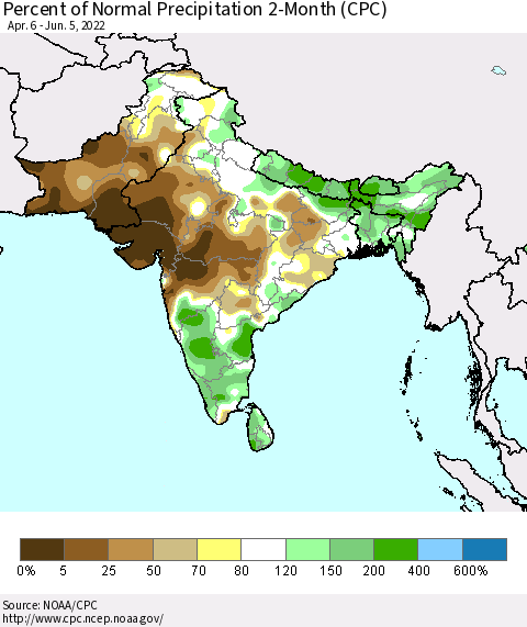 Southern Asia Percent of Normal Precipitation 2-Month (CPC) Thematic Map For 4/6/2022 - 6/5/2022