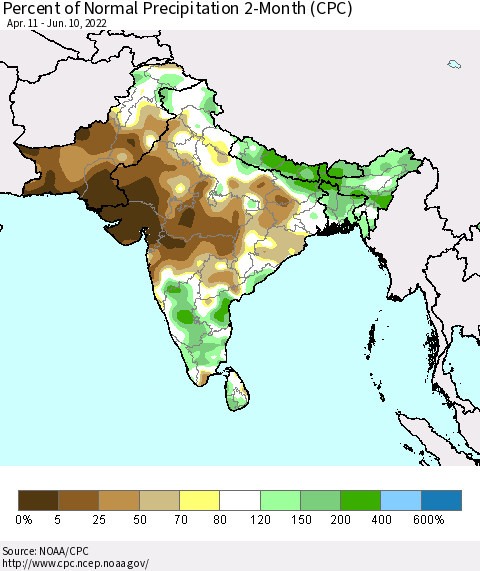Southern Asia Percent of Normal Precipitation 2-Month (CPC) Thematic Map For 4/11/2022 - 6/10/2022