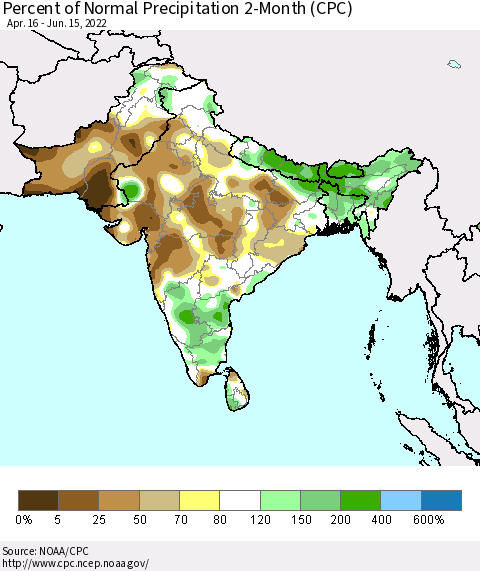 Southern Asia Percent of Normal Precipitation 2-Month (CPC) Thematic Map For 4/16/2022 - 6/15/2022