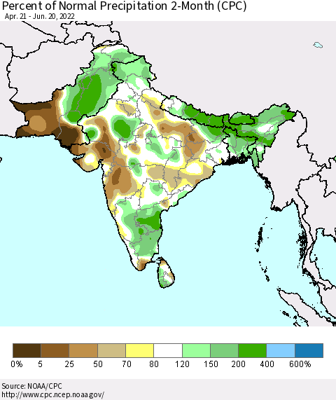 Southern Asia Percent of Normal Precipitation 2-Month (CPC) Thematic Map For 4/21/2022 - 6/20/2022