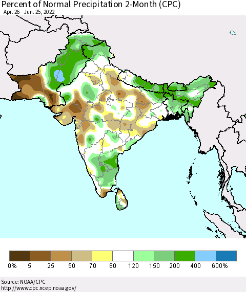 Southern Asia Percent of Normal Precipitation 2-Month (CPC) Thematic Map For 4/26/2022 - 6/25/2022