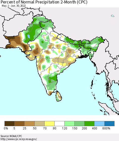 Southern Asia Percent of Normal Precipitation 2-Month (CPC) Thematic Map For 5/1/2022 - 6/30/2022