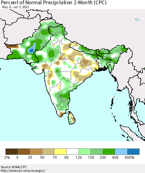 Southern Asia Percent of Normal Precipitation 2-Month (CPC) Thematic Map For 5/6/2022 - 7/5/2022