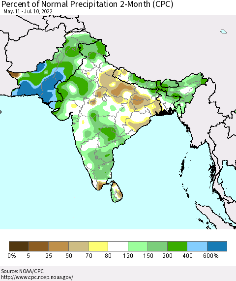 Southern Asia Percent of Normal Precipitation 2-Month (CPC) Thematic Map For 5/11/2022 - 7/10/2022