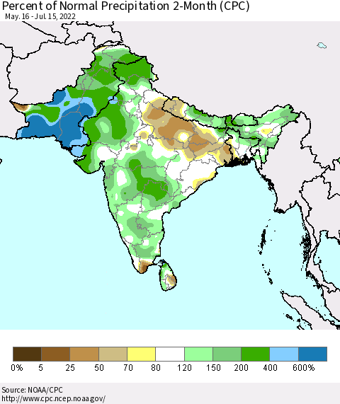 Southern Asia Percent of Normal Precipitation 2-Month (CPC) Thematic Map For 5/16/2022 - 7/15/2022