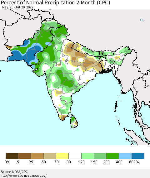 Southern Asia Percent of Normal Precipitation 2-Month (CPC) Thematic Map For 5/21/2022 - 7/20/2022