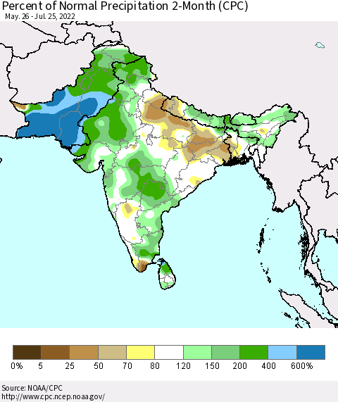 Southern Asia Percent of Normal Precipitation 2-Month (CPC) Thematic Map For 5/26/2022 - 7/25/2022