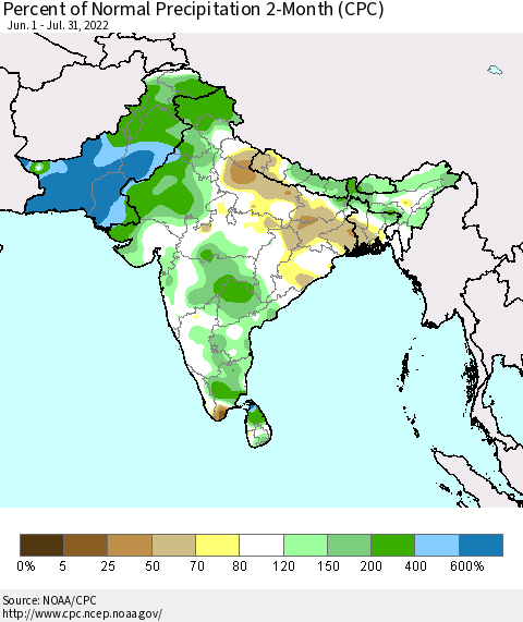Southern Asia Percent of Normal Precipitation 2-Month (CPC) Thematic Map For 6/1/2022 - 7/31/2022