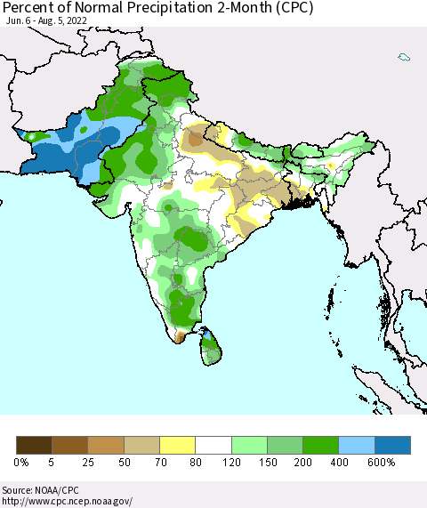 Southern Asia Percent of Normal Precipitation 2-Month (CPC) Thematic Map For 6/6/2022 - 8/5/2022