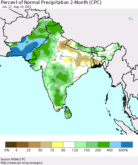 Southern Asia Percent of Normal Precipitation 2-Month (CPC) Thematic Map For 6/11/2022 - 8/10/2022