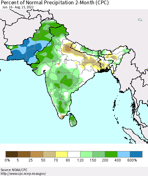 Southern Asia Percent of Normal Precipitation 2-Month (CPC) Thematic Map For 6/16/2022 - 8/15/2022